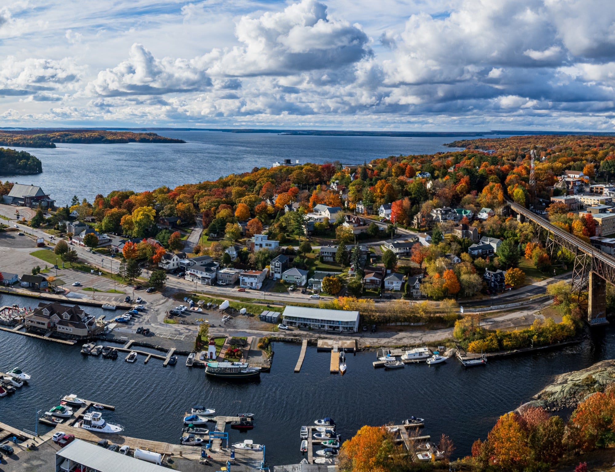 The downtown Parry Sound viewed aerially, overseeing the harbor.